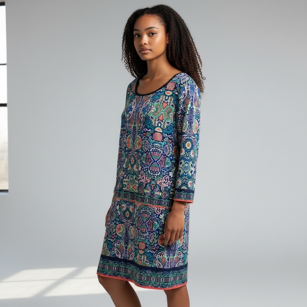 Laundry By Shelli Segal Navy Blue and Multicolour Print Sheath  size Large